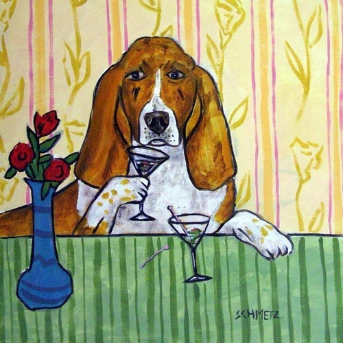 basset hound at the martini bar dog art animal artwork coaster tile decor gift