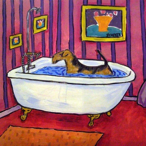 Airedale Terrier Taking a Bath Dog Art coaster tile Gift