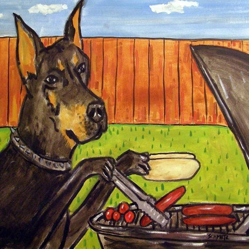Doberman Pinscher at the Cook Out Dog Art coaster tile