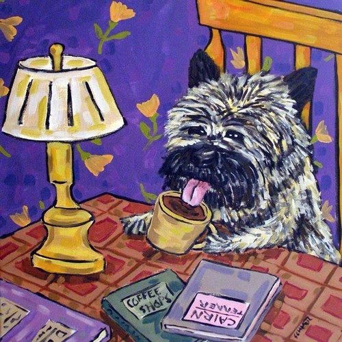 Cairn Terrier at the Coffee Shop Dog Art coaster tile