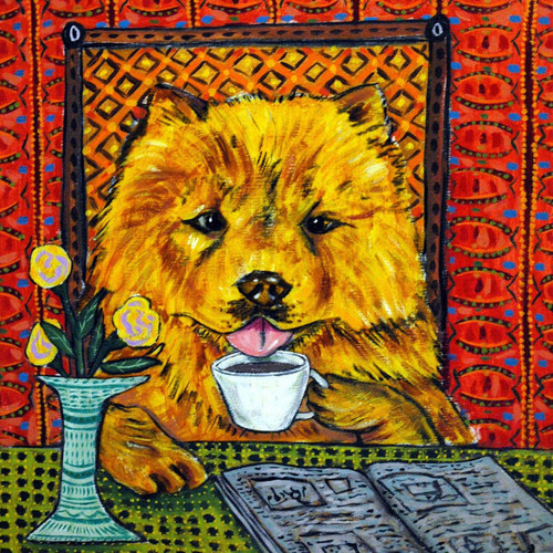 Chow Chow at the Coffee Shop Picture Dog Art coaster tile Gift