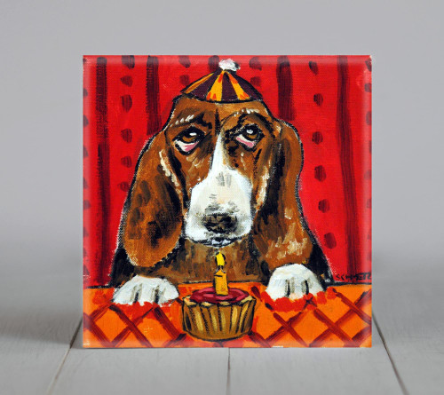 Basset Hound birthday art dog coaster tile - multiple sizes available - birthday gift