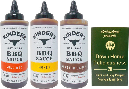 Kinder's BBQ Sauce 3 Flavor Variety - (1) Each: Roasted Garlic, Mild BBQ, Honey (15.5 Ounces) - Plus Recipe Booklet Bundle