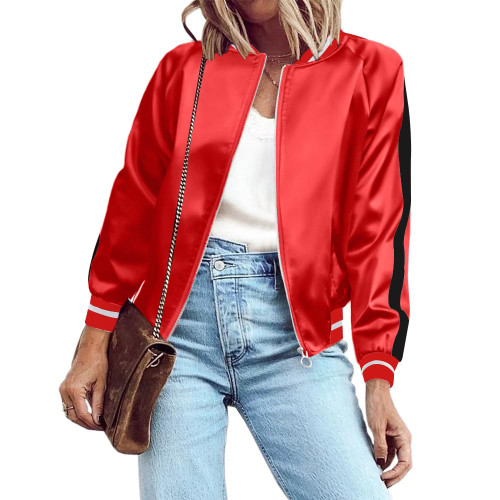 Womens Classic Solid Striped Biker Jacket Zip Up Fashion Bomber Jacket Coat, Wine Red, XX-Large