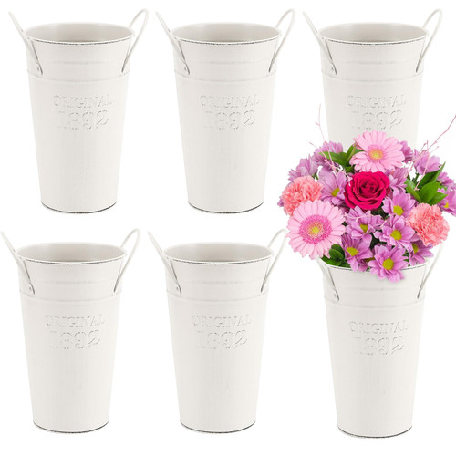 6 Pack 8 Inch Vintage Metal Galvanized Flower Vase, Tall Galvanized Metal Planter Bucket with Handles, Farmhouse French Bucket for Centerpiece Wedding Decor, Floral Arrangements, White Cream