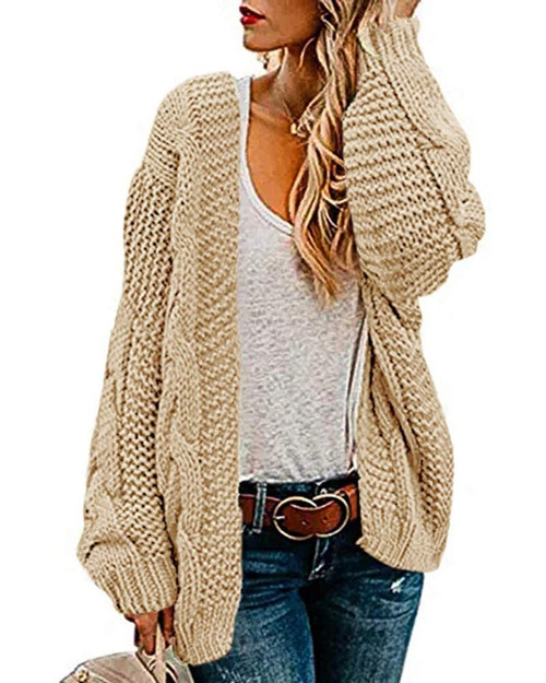 Womens Oversized Chunky Open Front Cardigan Sweaters Cable Knit Long Sleeve Cardigans Outwear Coats Beige