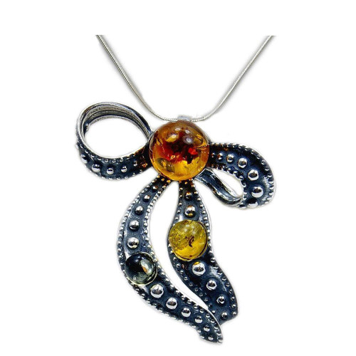 Natural Baltic Amber & Sterling Silver Bow Pendant Necklace