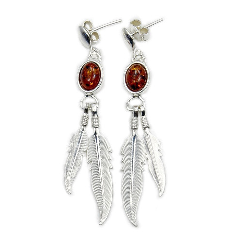 Incredible Sterling Silver Natural Baltic Amber Feather Dangle Earrings
