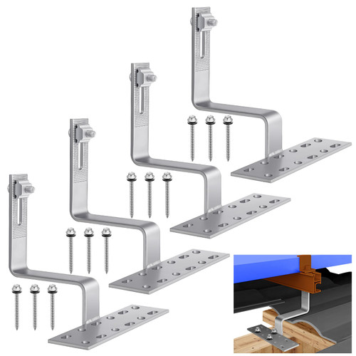 4 Pack Adjustable Solar Panel Mounting Tile Roof Hook Kit Stainless Steel Photovoltaic Solar Panel Roof Hook Installation Tools for Flat, S and W Shaped Tile Roofs