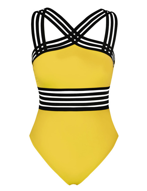 Women's One Piece Swimwear Front Crossover Swimsuits Hollow Bathing Suits Monokinis Yellow XL/US14