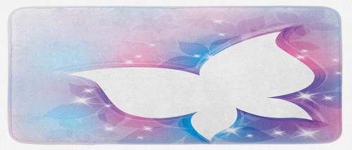 Butterfly Kitchen Mat, Abstract Floral White Butterfly Silhouette on a Spring Meadow Print, Plush Decorative Kitchen Mat with Non Slip Backing, 47" X 19", White Pink