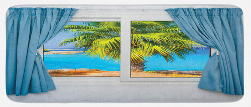Beach Kitchen Mat, View from Window a Curtain Tropical Sun Rays Horizon Palm Ocean Print, Plush Decorative Kitchen Mat with Non Slip Backing, 47" X 19", Blue Green
