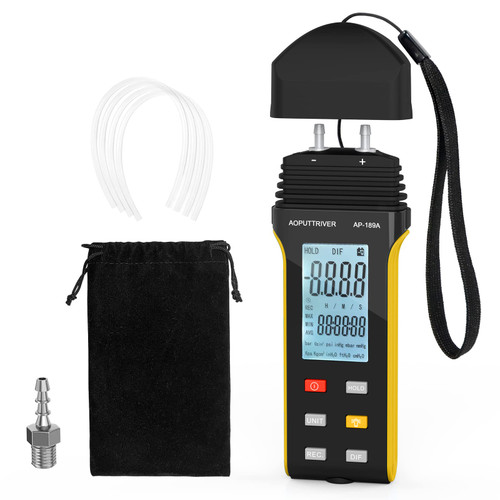Manometer, AP-189A Professional Gas Pressure Tester, Dual-Port Manometer Air Pressure Meter, 11 Selectable Units Differential Pressure Gauge, HVAC Digital Manometer with Backlight Data Record