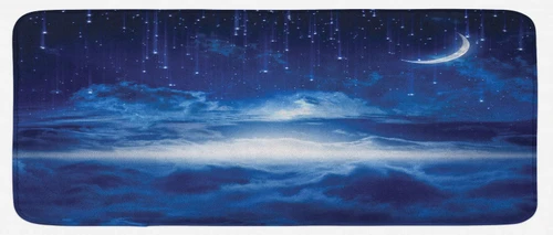 Fantasy Kitchen Mat, Night Sky with Moon Falling Stars Clouds Horizon Mysterious Space Art, Plush Decorative Kitchen Mat with Non Slip Backing, 47" X 19", Navy Blue and White