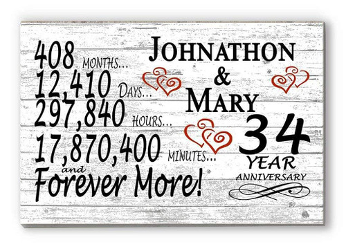 Personalized 34th Year Anniversary Sign Gift 34 Year Wedding Anniversary For Couple - Minutes Days Years - Solid Wood - 16.5in x 10.5in x .75in
