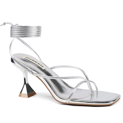 Women's Lace Up Heels for Women Strappy Chunky Heels Square Toe Tie Up Sandals Silver US10.5