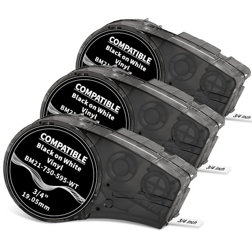 Compatible M21-750-595-WT All-Weather Vinyl 3/4Inch Label, for M210, M210LAB, M211, BMP21-PLUS, BMP21-LAB, Indoor/Outdoor, Lab and Equipment Labeling, Black on White, 75" W 21' L, 3-Pack