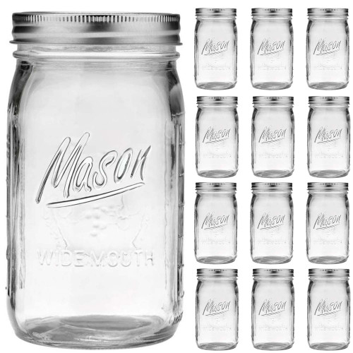 Wide Mouth Mason Jars 32 oz - 12 Pack Large Glass Mason Jars with Airtight Lids and Bands, 1 Quart Mason Jars for Pickling, Canning, Fermenting and Food Storage, Microwave & Dishwasher Safe Wide Mouth Mason Jars 32 oz - 12 Pack Large Glass Mason Jars with Airtight Lids and Bands, 1 Quart Mason Jars for Pickling, Canning, Fermenting and Food Storage, Microwave & Dishwasher Safe