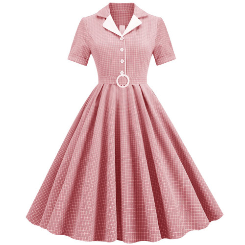 Women Notched Lapel Collar 50s Vintage Plaid Cocktail Swing Dress with Belt Short Sleeve Buttons Up 1950s Audrey Hepburn Rockabilly Prom Dress Formal Pleated Fit Fared Evening Tea Dress Pink-Plaid L