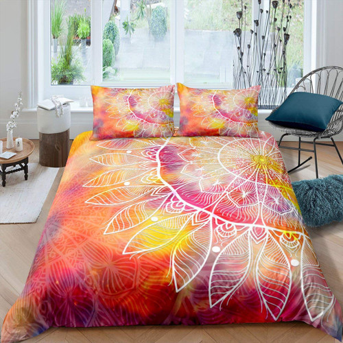 Mandala Comforter Cover Tie Dye Duvet Cover White Spiral Vortex Swirl Bedding Set Paisley Boho Hippie Floral Batik Gypsy Psychedelic Quilt Cover Purple Red Decor 3Pcs Full Size