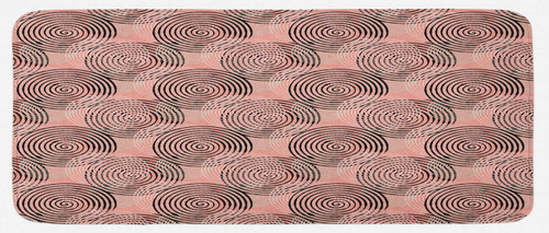 Geometric Kitchen Mat, Hypnotic Vortex Design Overlapping Spiral Elements Brush Paint Effect, Plush Decorative Kitchen Mat with Non Slip Backing, 47" X 19", Coral Black Pale Blue