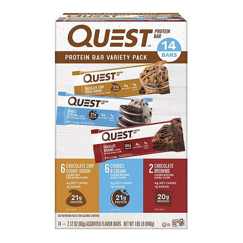 Quest Protein Bars Gluten Free, Variety Pack | Chocolate Chip Cookie Dough, Cookies & Cream and Chocolate Brownie Bars | (14 ct.)