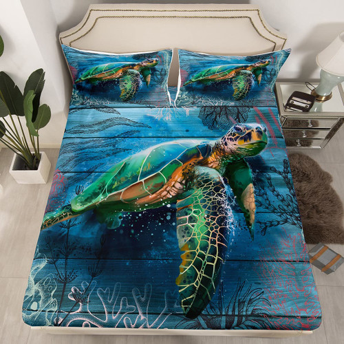 Sea Turtle Bedding Sets Queen Size Marine Life Ocean Fitted Sheet for Kids Child,Nautical Sea Animal Bed Sheets Under Sea Coral Bedding Decor Set Tortoise Reptile Blue Wooden Plank Bedroom Decor