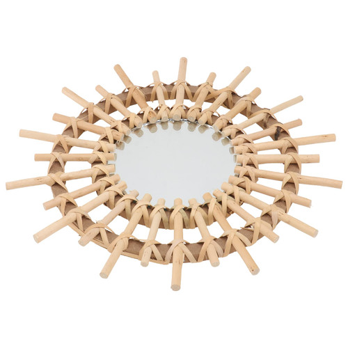 1pc Rattan Makeup Mirror Country Decor Wall Mount Mirror Macrame Decor Rustic Decor Mirror Trim Round Mirrors Rattan Frame Wall Mirror Basket Decor Wall-Mounted Wooden Decoration