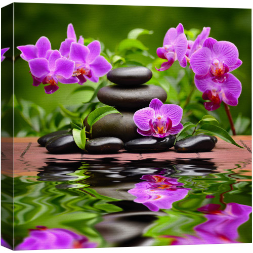 Canvas Prints Wall Art - Zen Basalt Stones and Orchid Spa,Beauty and Calmness Concept | Modern Wall Decor/Home Decoration Stretched Gallery Canvas Wrap Giclee Print & Ready to Hang - 24" x 24"