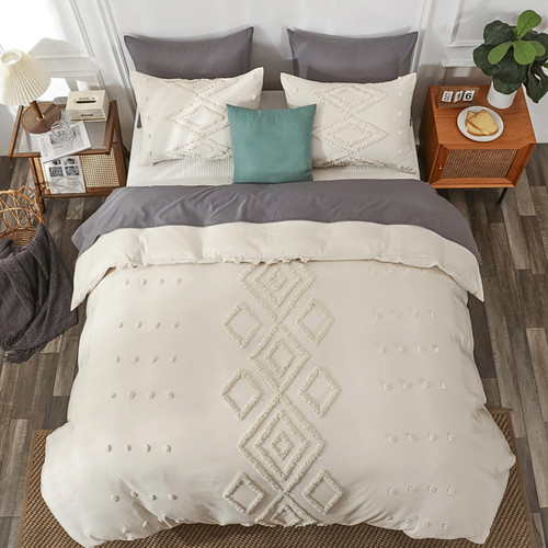 Boho Duvet Cover Queen Size, Boho Home Decor, 3Pcs Queen Duvet Cover Set Queen Size Duvet Cover Set, Boho Bedding, Tufted Duvet Cover, Beige Duvet Cover Queen Size with Zipper, No Comforter