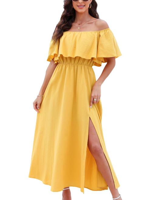 Women's Off The Neck Short Sleeve Solid A Line Slit Maxi Dress Yellow, S