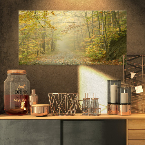 PT9813-32-16 Autumn Forest Path on Misty Morning Landscape Photo Canvas Print, 32x16, Yellow