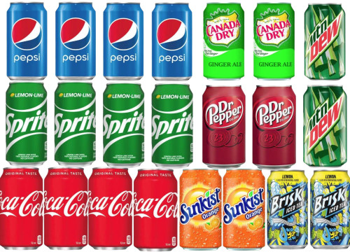 Soft Drink Assortment Variety: Cola, Pepsi, Sprite, Mountain Dew, Dr. Pepper, Brisk Iced Tea, Canada Dry Ginger Ale, Sunkist - 12 Fl Oz cans (22 Pack) Soda, Pop Restock Kit