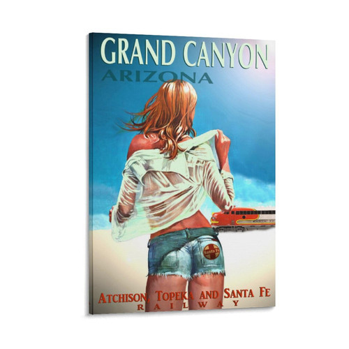 Art Poster Grand Canyon Arizona Santa Fe Railroad New Poster Canvas Print Canvas Painting Posters And Prints Wall Art Pictures for Living Room Bedroom Decor 12x18inch(30x45cm) Frame-style-4