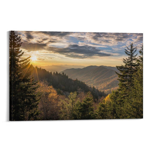 Art Poster Smoky Mountains Sunrise Wall Decor Canvas Painting Posters And Prints Wall Art Pictures for Living Room Bedroom Decor 12x18inch(30x45cm) Frame-style