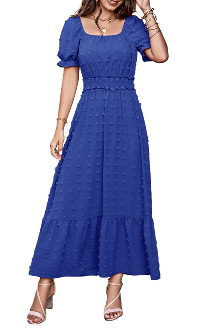 Womens Boho 2024 Puff Short Sleeve Square Neck Swiss Dot Maxi Dress Smocked Waist Ruffle Hem Tiered Long Dresses