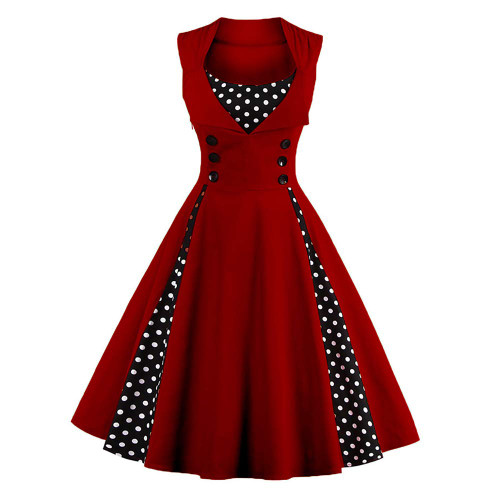 Women Vintage 1950s Polka Dot Retro Cocktail Prom Dresses Double Breasted Notch Lapel 50's 60's Rockabilly V Neck Patchwork Button Audrey Swing Dress Wedding Party Flared Midi Dress 02#Wine Red 3XL