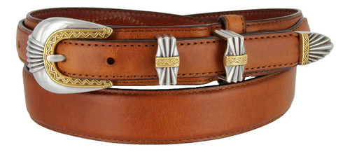 Silver and Gold Buckle Set Oil-Tanned Genuine Leather Western Ranger Belt for Women (Tan, 46)