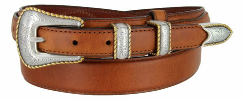 S5539 Engraved Rope Edge Antique Gold Buckle Set Oil-Tanned Genuine Leather Western Ranger Belt (Tan, 46)