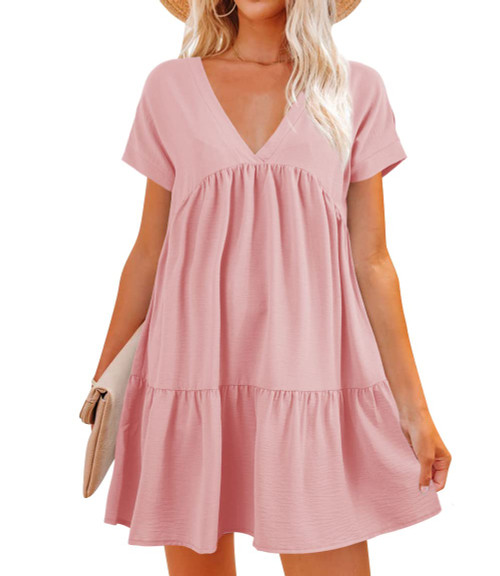 Women V Neck Loose Flowy Swing Shift Dress 2024 Summer Short Sleeve Casual Summer Mini Tunic Dress