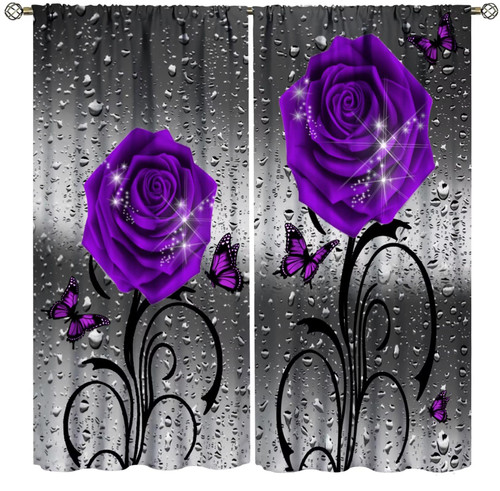 Purple Rose Print Curtains Floral Raindrops Gray Art Blackout Rod Pocket Curtains for Bedroom Living Room Kitchen Decor Thermal Insulated Window Drapes 2 Panel Set 42x63in