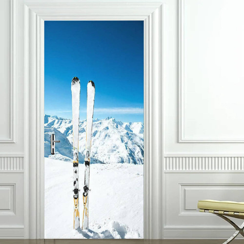 3D Door Decal Skis Snow Door Sticker Self-Adhesive Removable Door Mural Wallpaper Peel & Stick Wall Decal Art Home Decor for Bedroom