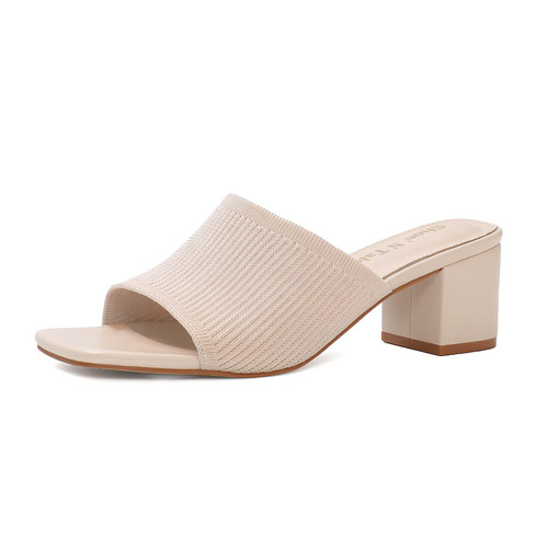 Knit Heeled Sandals For Women Square Open Toe Heeled Mules Chunky Block Low Heel Slip On Slides(7.5,Beige)