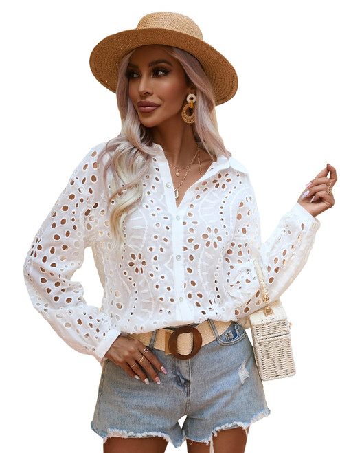 Women's Long Sleeve Collar Floral Eyelet Embroidery Button Front Semi Sheer Blouse Shirt White S