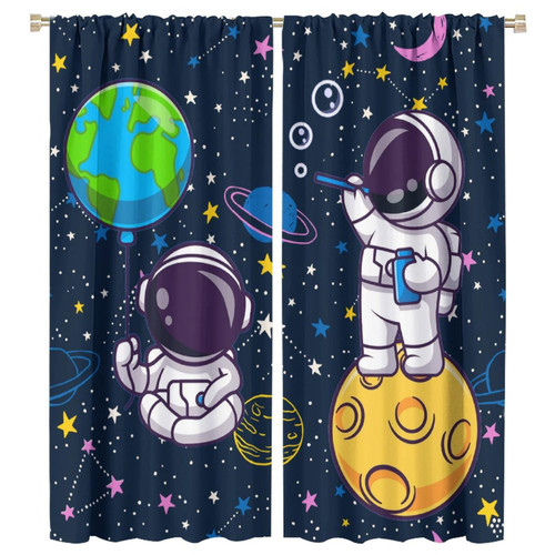 Cartoon Astronaut Curtains for Kids, Funny Spaceman with Earth Moon Window Treatments for Boys Bedroom Planet Outer Space Starry Star Window Drapes for Girls Playroom Living Room 42x63in