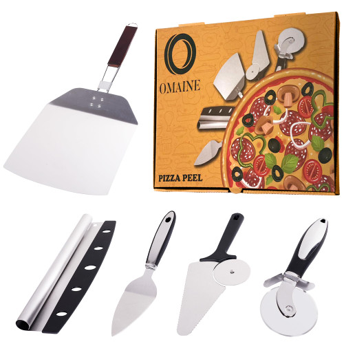 Metal Pizza Peel Stainless Steel, Portable Pizza Paddle Set, with Large Spatula Handle, Pizza Cutter Rocker for perfect slices, flawless servings-5 Pcs pizza-making kit