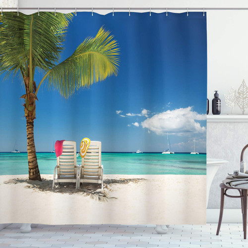Seaside Shower Curtain, Relaxing Scene on Vacation Beach Palm Tree Chairs and Boats Panoramic Picture, Cloth Fabric Bathroom Decor Set with Hooks, 69" W x 84" L, Green Blue