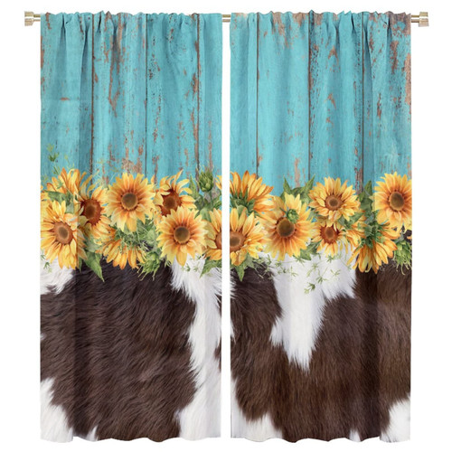 Cow Skin Print Sunflower Curtains, Rustic Wooden Board Farmhouse Animal Fur Skin Window Treatments Brown Cowhide Print Blackout Window Drapes for Bedroom Living Room 42x63in
