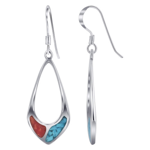 Teardrop Shape Turquoise and Coral Gemstone Inlay 925 Sterling Silver Drop French Wire Earrings for Women Teardrop Shape Turquoise and Coral Gemstone Inlay 925 Sterling Silver Drop French Wire Earrings for Women