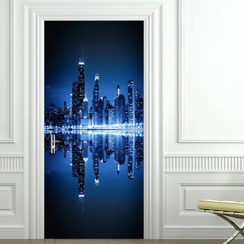 3D Door Decal Chicago Skyline by Night Door Sticker Self-Adhesive Removable Door Mural Wallpaper Peel & Stick Wall Decal Art Home Decor for Bedroom